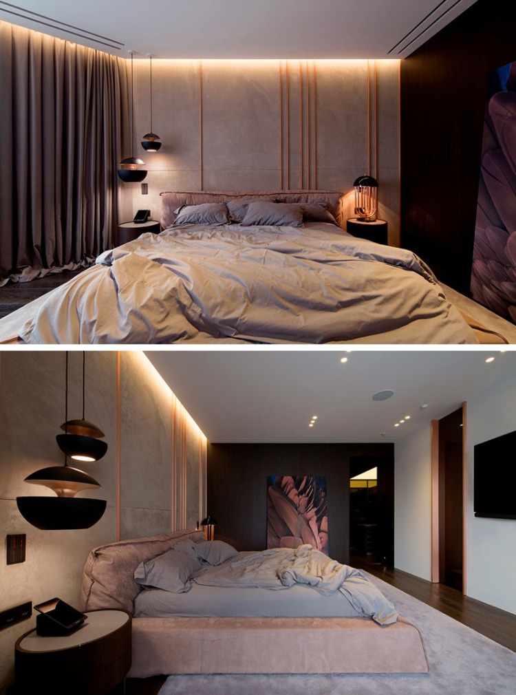 Современный дизайн интерьера спальни с медными акцентами