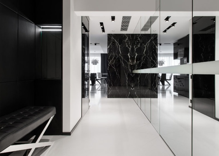 Черно-белый дизайн интерьера прихожей современных апартаментов