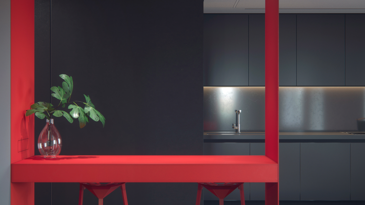 Дизайн интерьера современной квартиры-студии с красным акцентом