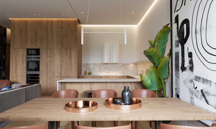 Современный дизайн интерьера кухни апартаментов в ЖК "Private Park"