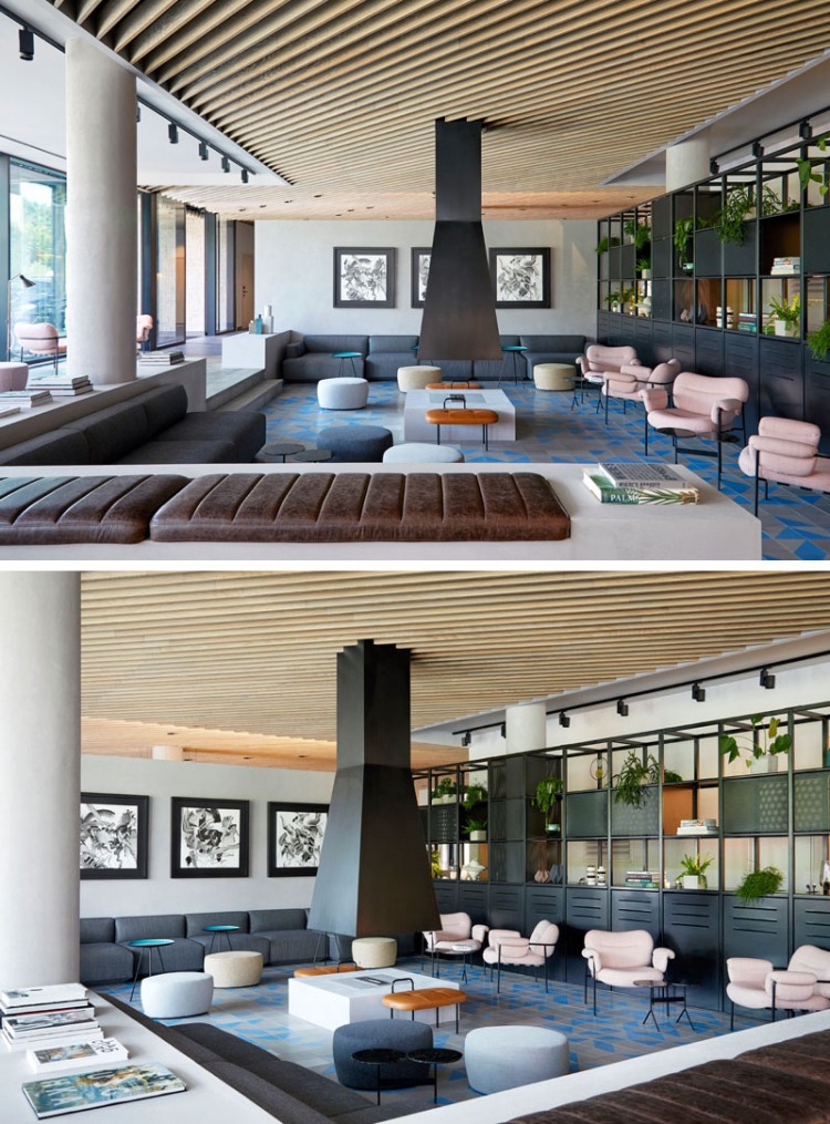 Современный дизайн интерьера лаунджа с камином отеля