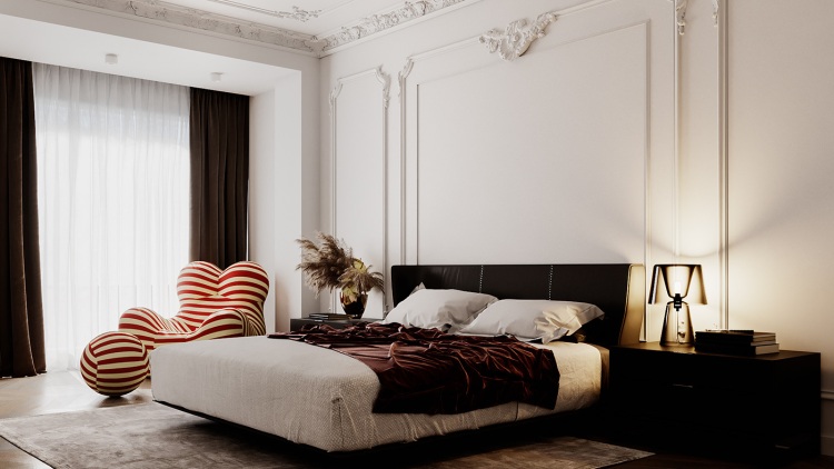Современный дизайн интерьера спальни светлых апартаментов