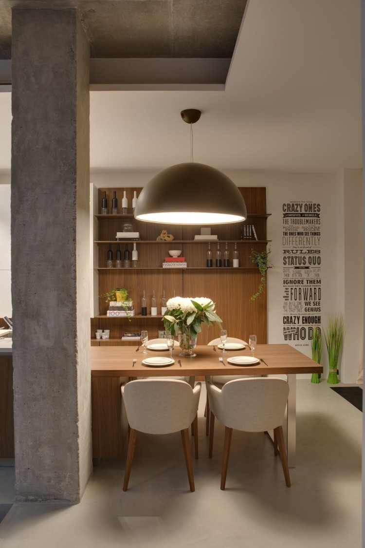 Современный дизайн интерьера столовой апартаментов в индустриальном стиле