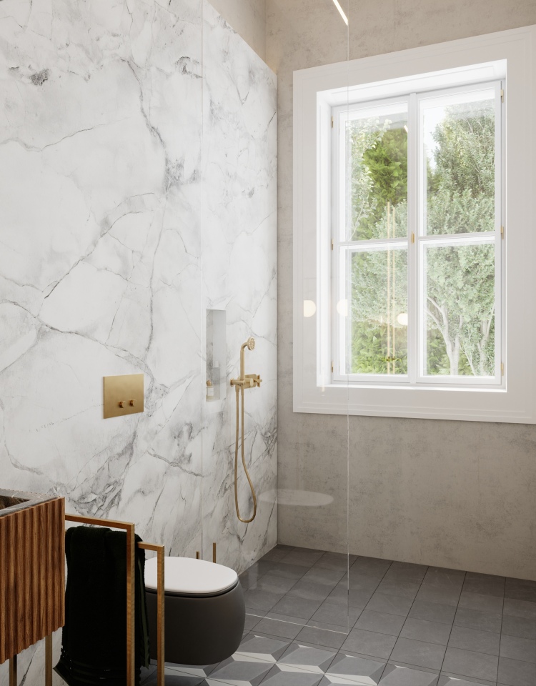 Современный дизайн интерьера главной ванной комнаты восстановленной виллы у моря 5