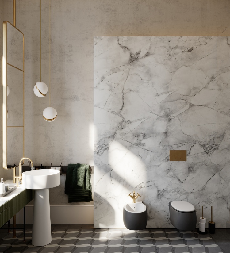 Современный дизайн интерьера ванной комнаты восстановленной виллы у моря 2