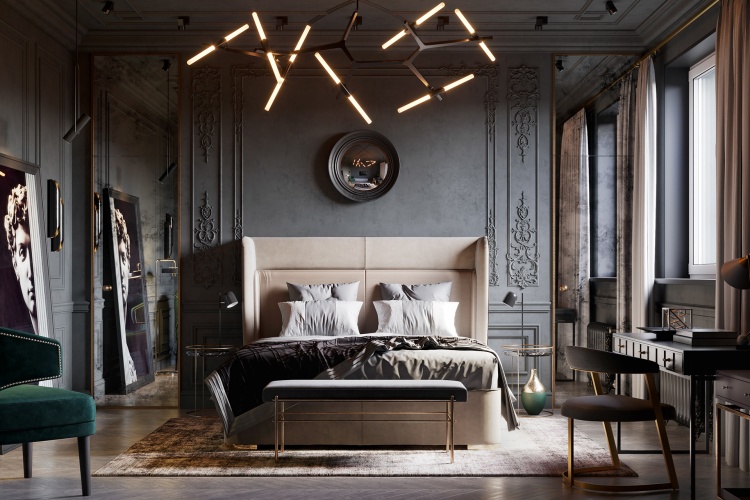 Современный дизайн интерьера спальни темных апартаментов