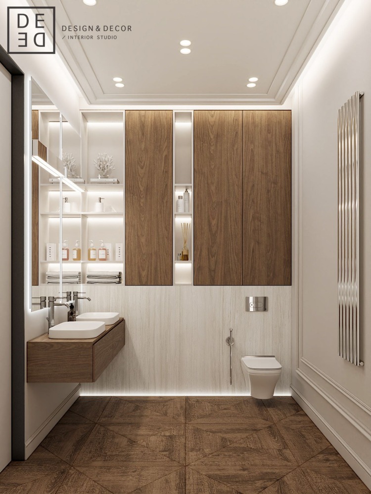 Современный дизайн интерьера ванной комнаты квартиры в стиле фьюжн