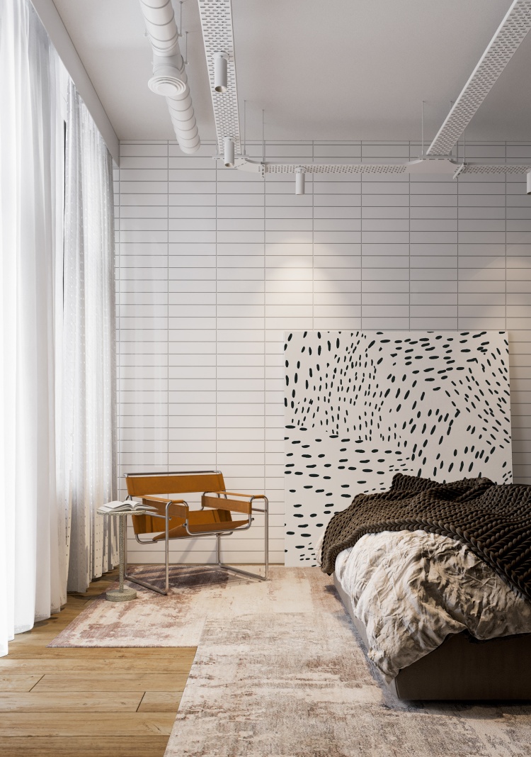 Современный дизайн интерьера гостевой спальни апартаментов в промышленном стиле