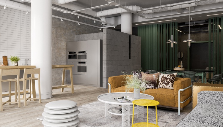 Современный дизайн интерьера апартаментов в промышленном стиле