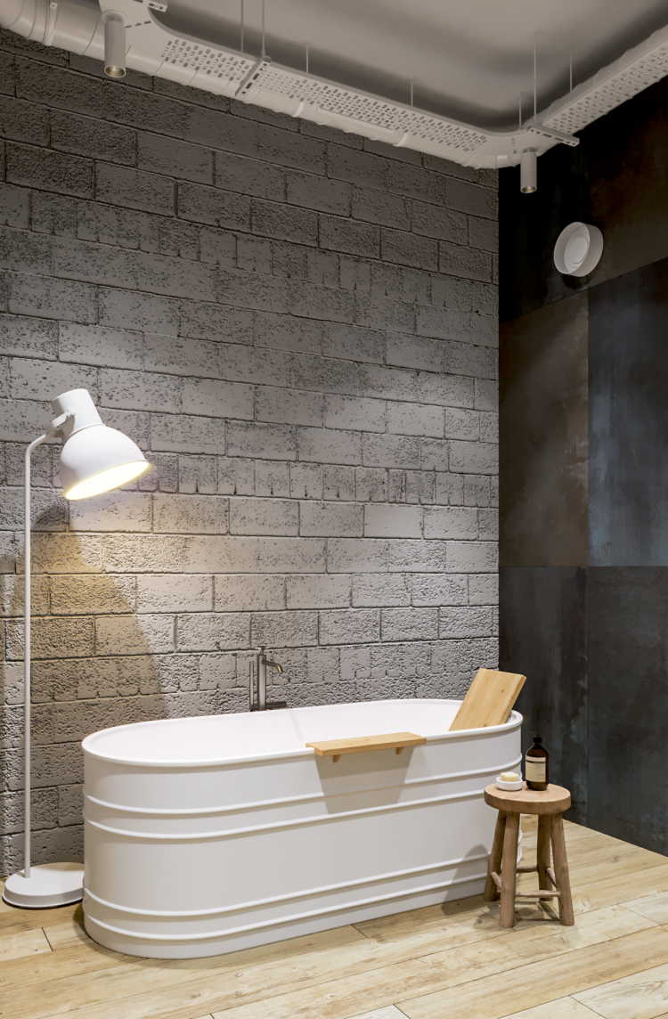 Современный дизайн интерьера ванной комнаты апартаментов в промышленном стиле