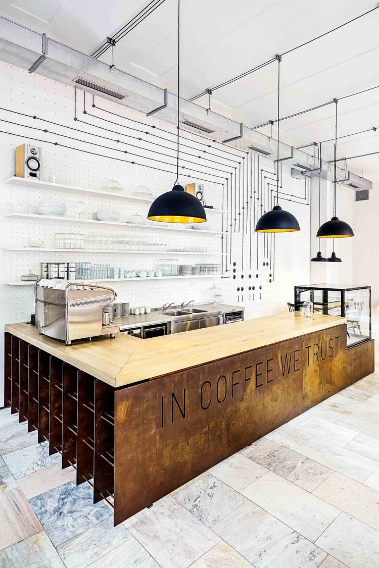 Современный дизайн интерьера кофейни в металлическом стиле