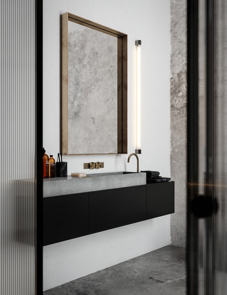 Современный дизайн интерьера ванной комнаты дома в минималистском стиле