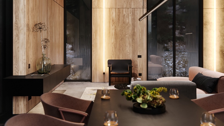 Современный дизайн интерьера гостиной дома в минималистском стиле 2