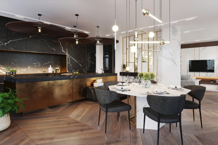 Современный дизайн интерьера кухни квартиры в стиле фьюжн