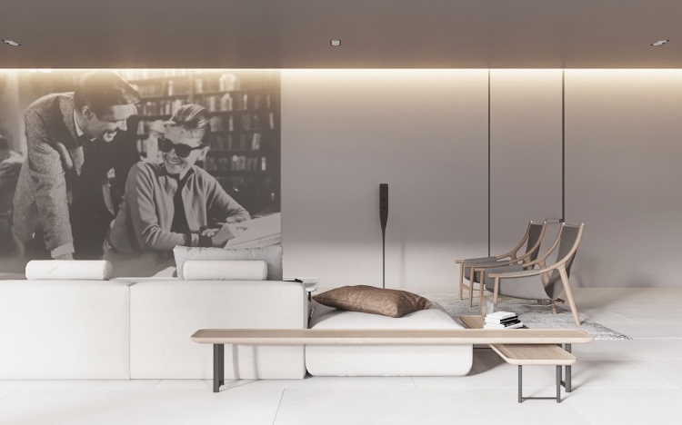 Современный дизайн интерьера гостиной виллы в минималистском стиле